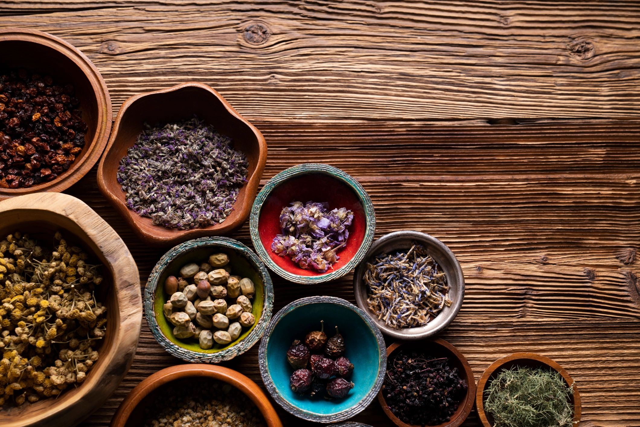 Premium natural botanical ingredients arranged for formulation and extract research